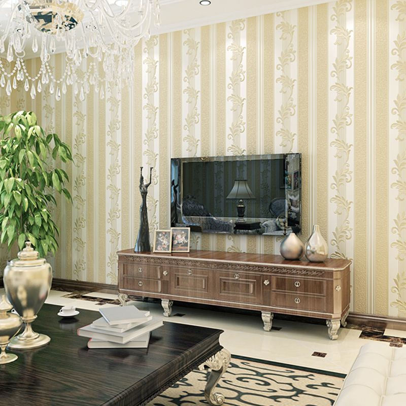 Retro Embroidered Leaf Wallpaper Roll Light-Color Stripe Wall Art for Living Room