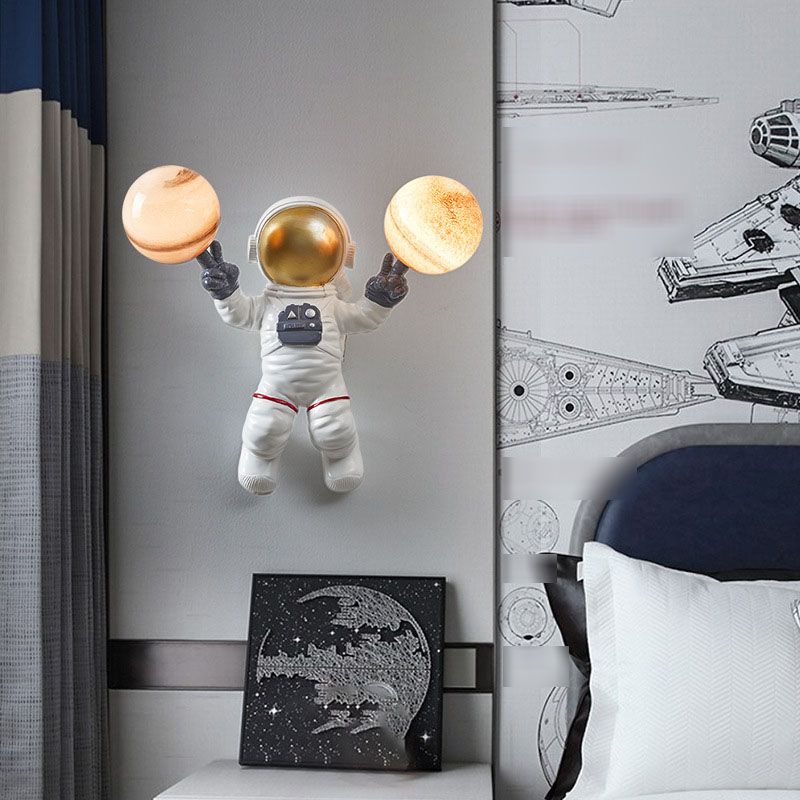 Blown Glass Planet and Astronaut Wall Light Kids Style 2-Head Wall Lighting Fixture