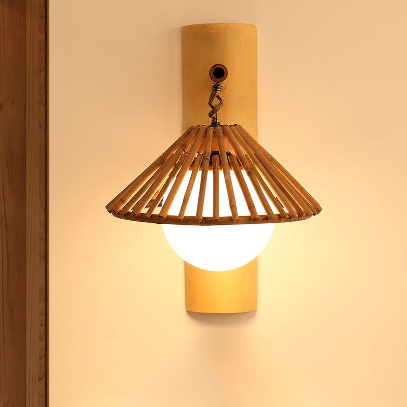 Conical Wall Sconce Lighting Asian Style Bamboo Single Bulb Wood Wall Lamp Fixture with Global White Glass Shade
