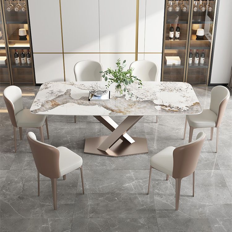 Sintered Stone Top Dining Table Rectangle Kitchen Table with Metal Pedestal