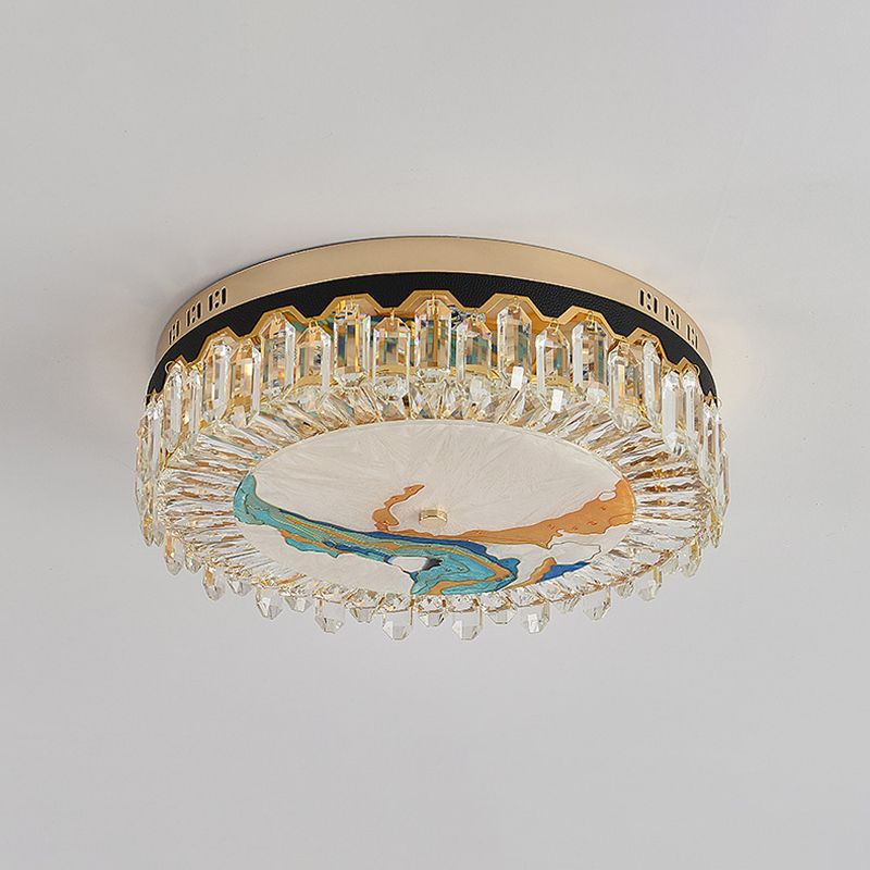 Creative Modern Drum Flush Mount Lamp Crystal Block Bedroom LED Ceiling Light in Brass