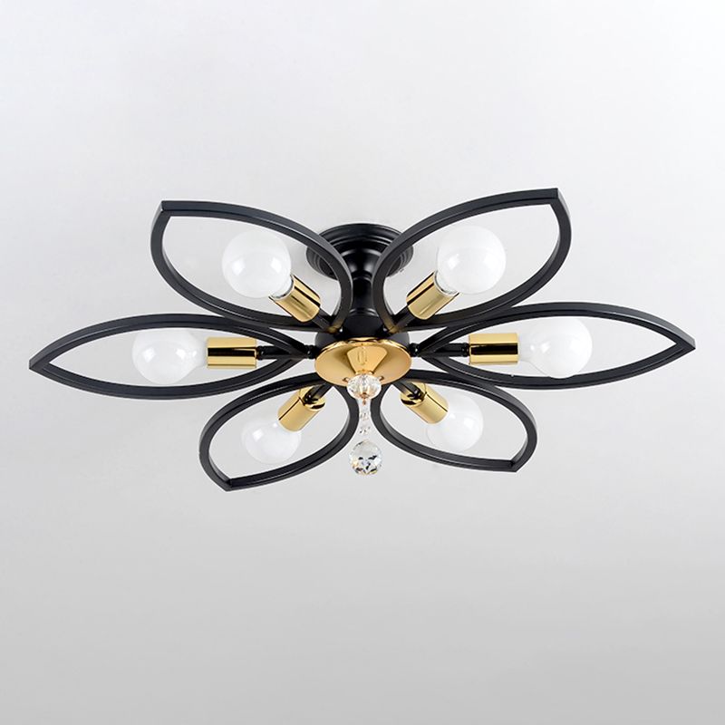 Floriated Semi Flush Mount in Industrial Retro Style Bare Bulb Metal Ceiling Light in Black