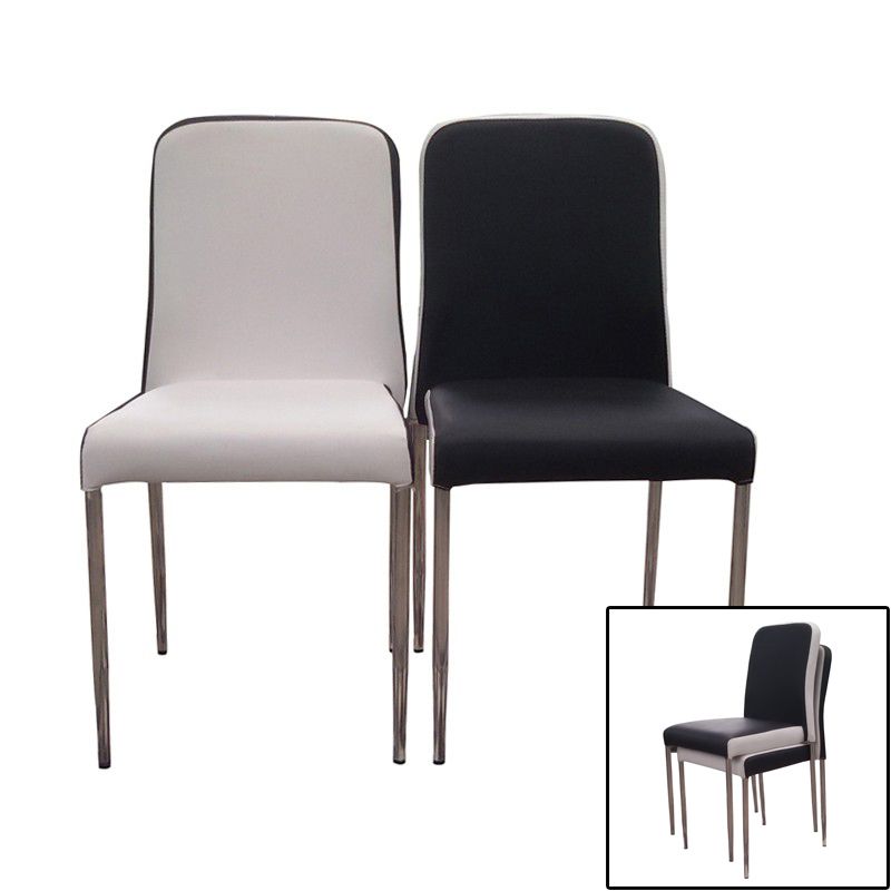 Chaise d'appoint contemporaine en cuir à dossier solide, chaises de salle à manger empilables noires et blanches
