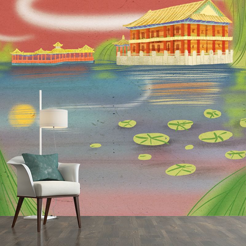 Temple by the Lakeside Mural Wallpaper Aqua Chinoiserie Wall Decor for Living Room