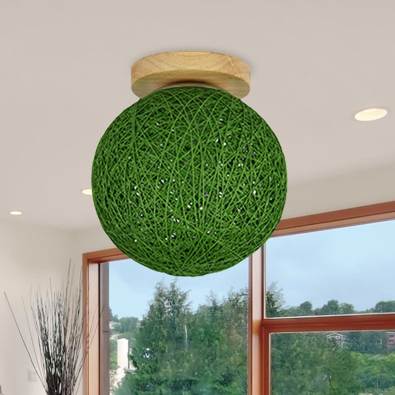 Modern Style Handwoven Flush Mount Fixture with Ball Shade Rattan 6"/8" W 1-Head Corridor Ceiling Light in Red/Pink