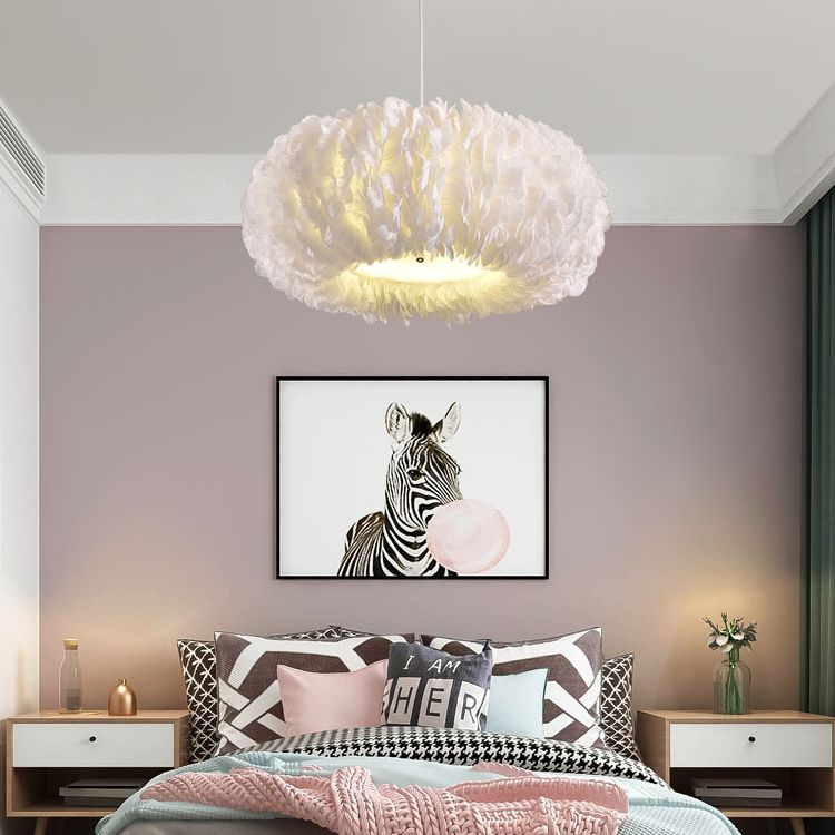 Drum Chandelier Light Fixture Modern Simplicity Feather Shade Pendant Lighting for Restaurant