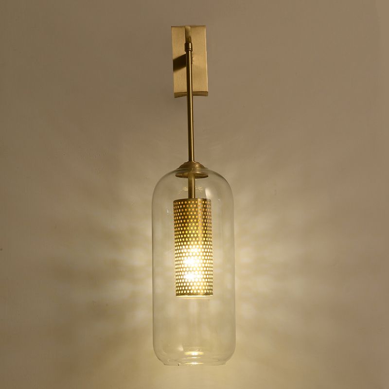Golden Cylinder Wall Mount Lamp Simple 1 Bulb Clear Glass Sconce Light Fixture for Bedroom