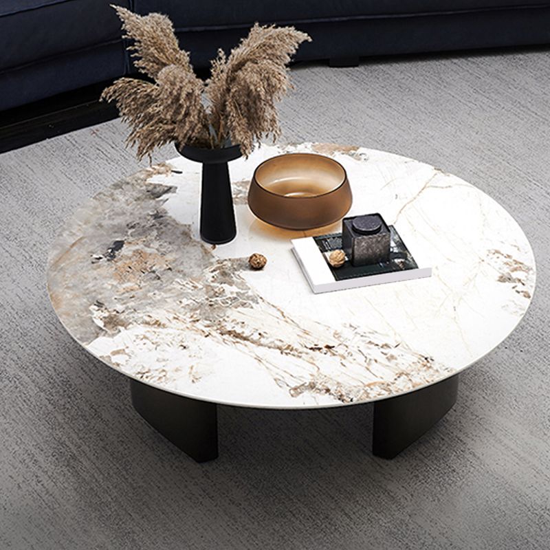 Stone Top Coffee Table with 3 Metal Legs 15.75 Inch High for Living Room