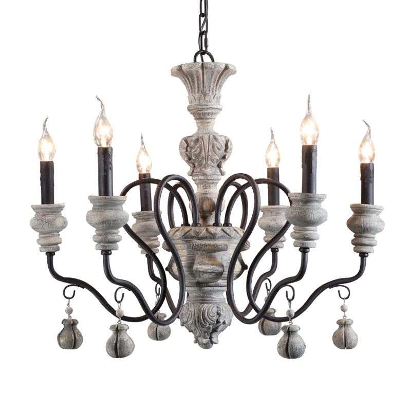 Rustic Style Traditional Candlestick Styling Chandelier Hand-carved Resin Suspension Lighting Fixture for Dining Room