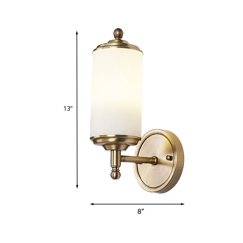 Brass Cylindrical Sconce Light Retro Milky Glass Shade 1-Light Foyer Wall Lamp with Clean-Lined Arm