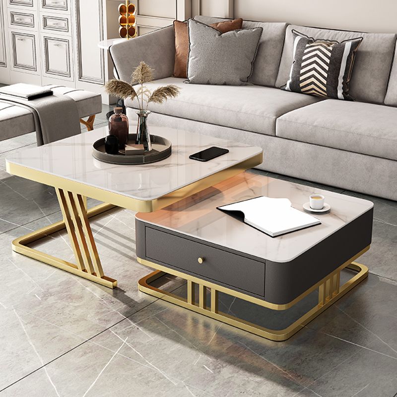 Glam Frame Coffee Table Glass/Slate Square Cocktail Table with Drawer
