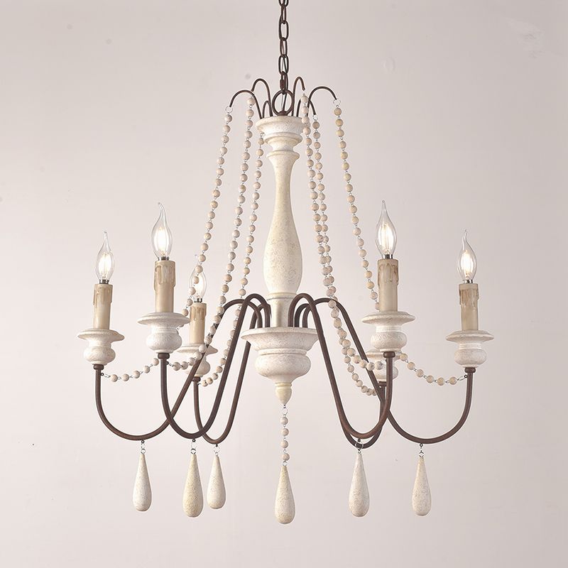 Retro Style Draping Bead Suspension Light 8 Heads Wood Chandelier Light with Candlestick