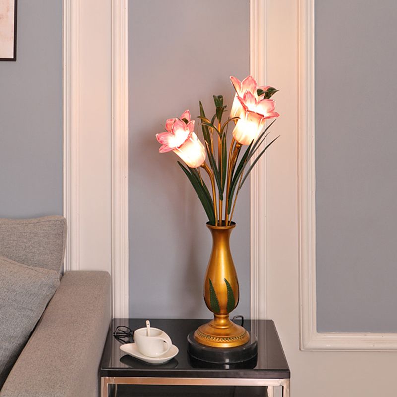 White/Purple Glass Floral Table Light Traditional-Style 4 Lights Bedroom Nightstand Lamp