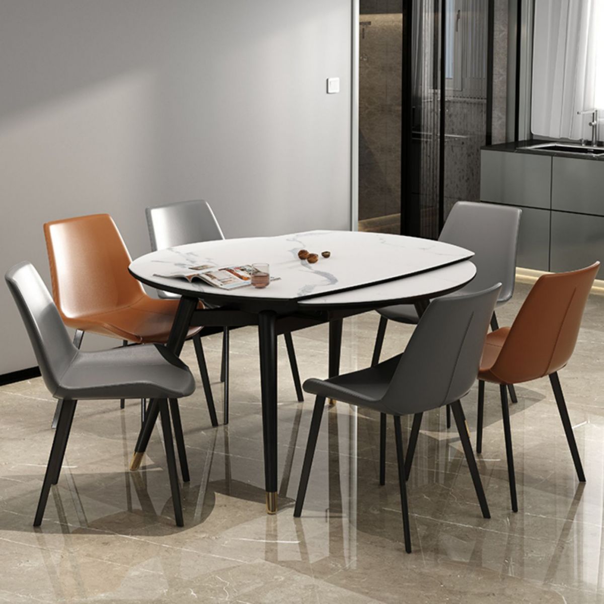 Round Extendable Dining Table Modern Stone Tabletop with Solid Wood Legs
