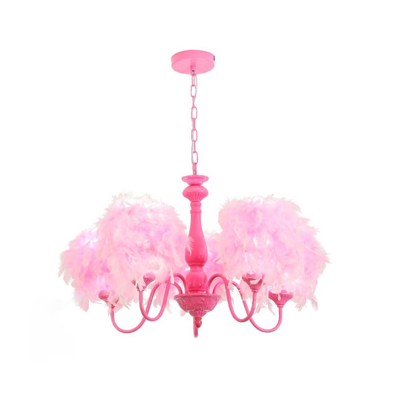 5 lumières Pink Curvy Arm Chandelier Lampe Kids Suspension Metal Suspension avec de l'ombre