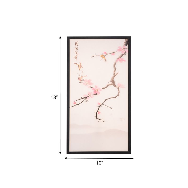 Asian Style LED Wall Mount Mural Light Black Bird and Peach Blossom Painting Sconce with Fabric Shade, 18"/29.5" H