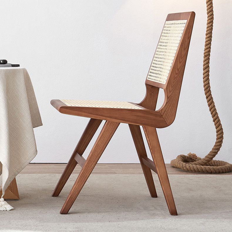 Contemporary Dining Side Chair Solid Wood and Rattan Open Back Armless Chair