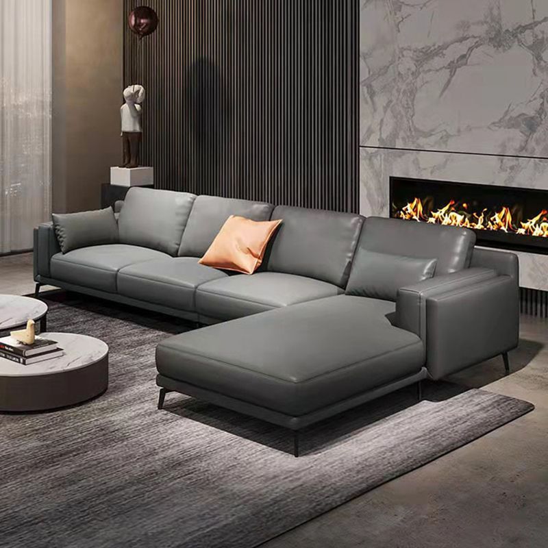 Square Arm Grey Pillowed Back Cushions Splayed Wooden Legs Sofa