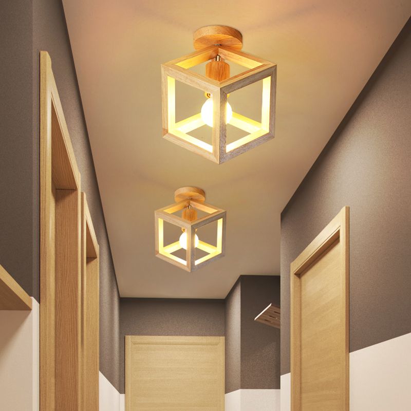 Houten kubus kooi semi-inbouwlamp Nordic 1 lamp beige plafondgemonteerde verlichtingsarmatuur voor gang