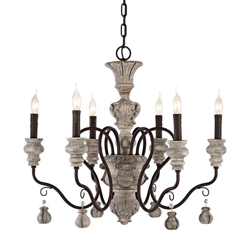 Resin Candlestick Chandelier French Country Dining Room Hanging Lamp in Black-Grey