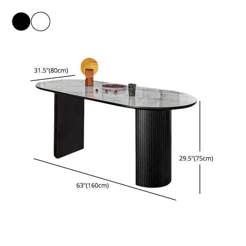 Modern Oval Dinette Table Sintered Stone Top Black Steel Double Pedestal Table