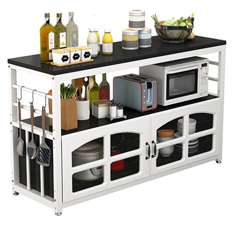 Black and White Kitchen Cart Metal and Wood Kitchen Island with Storage Cabinets