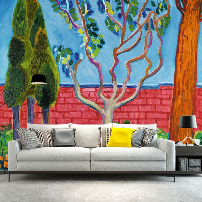 Tree and Brick Fence Mural Artistry Washable Living Room Wall Decoration, Optional Size