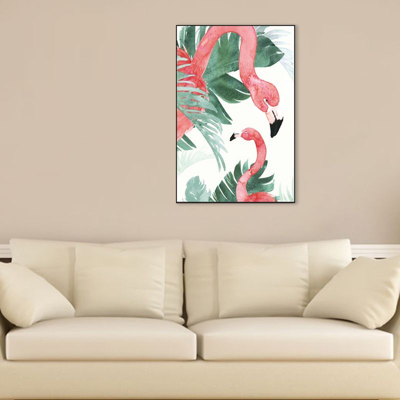 Tropical Style Flamingo Painting in Pastel Color Textured Canvas for Dining Room