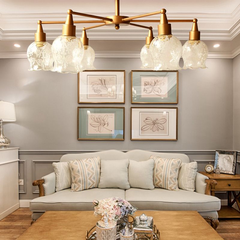 Sala de estar de forma de flores Iluminación semi de montura Vidrículas transparentes tradicionales 6 luces Gold Semi Flush Light