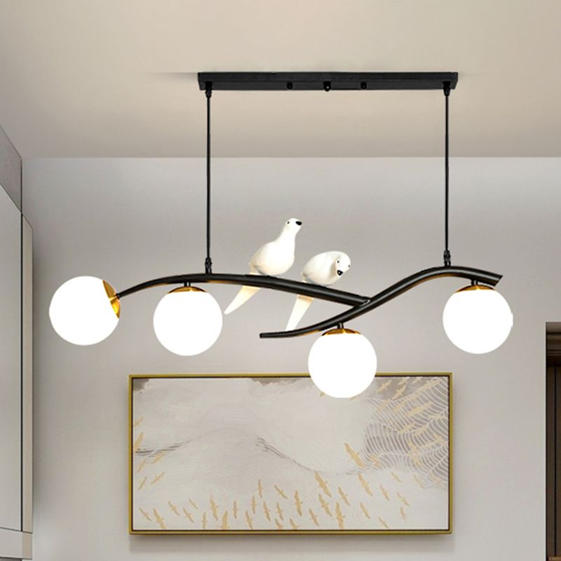 Postmodern 4-Bulb Island Lamp Tree Branch Hanging Light with Ball Glass Shade and Bird Deco