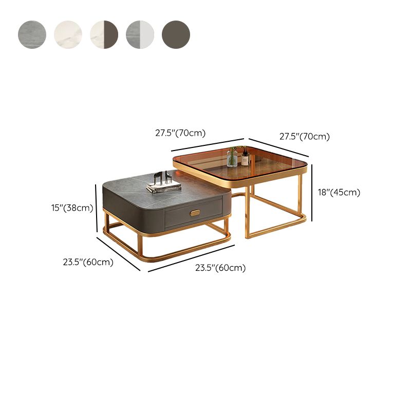 Modern 2 Nesting Glass Coffee Table Set Steel Frame Base 1 - Drawer Cocktail Table