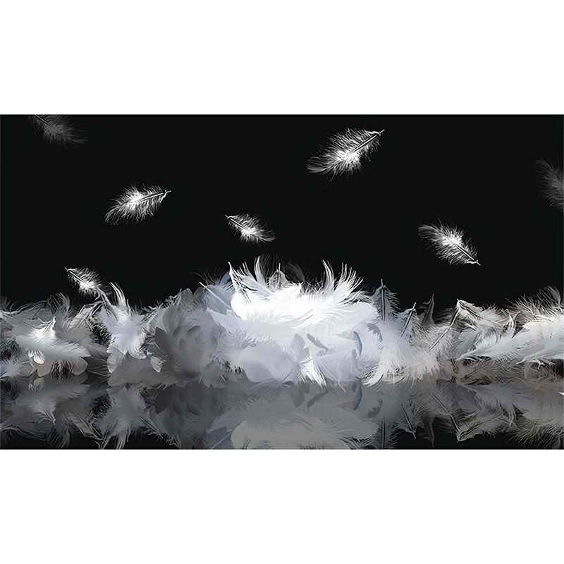 Full Illustration Scandinavian Wall Covering for Accent Wall with Swirling Feather Design in Black and White