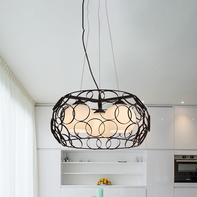 Retro Spherical Hanging Chandelier 3 Bulbs Milky Glass Down Lighting Pendant in Black with Round Cage