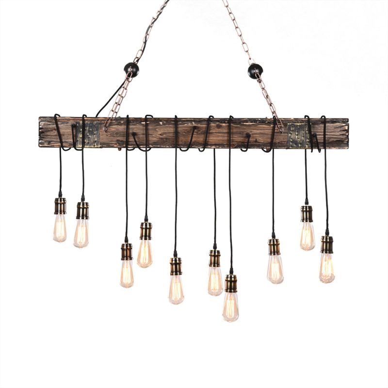 Linear Dining Room Island Lighting with Wooden Beam Lodge Stylish Multi Light Brown Ceiling Light Fixture