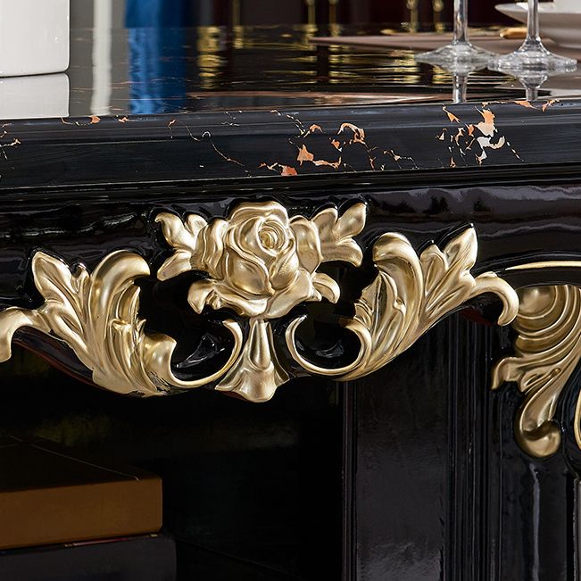 Glam Kitchen Table with Faux Marble Top Solid Wood Legs in Black