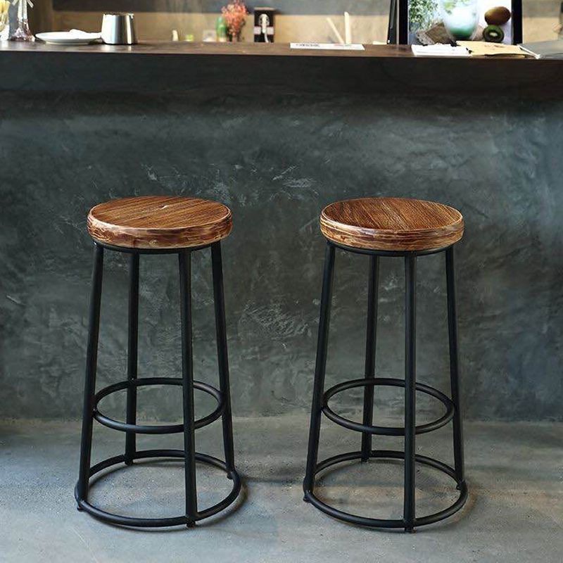 Industrial Round Bar Stools Solid Wood Black Footrest Counter Stool for Shop
