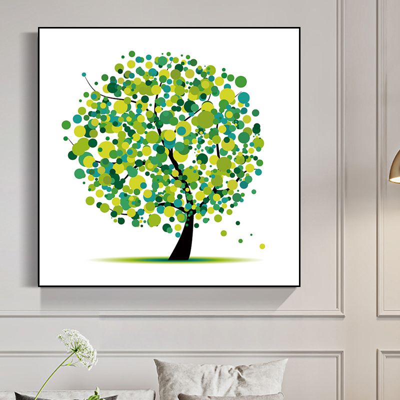 Illustration Tree Wall Art Print Green Kids Style Canvas for Living Room, Textured