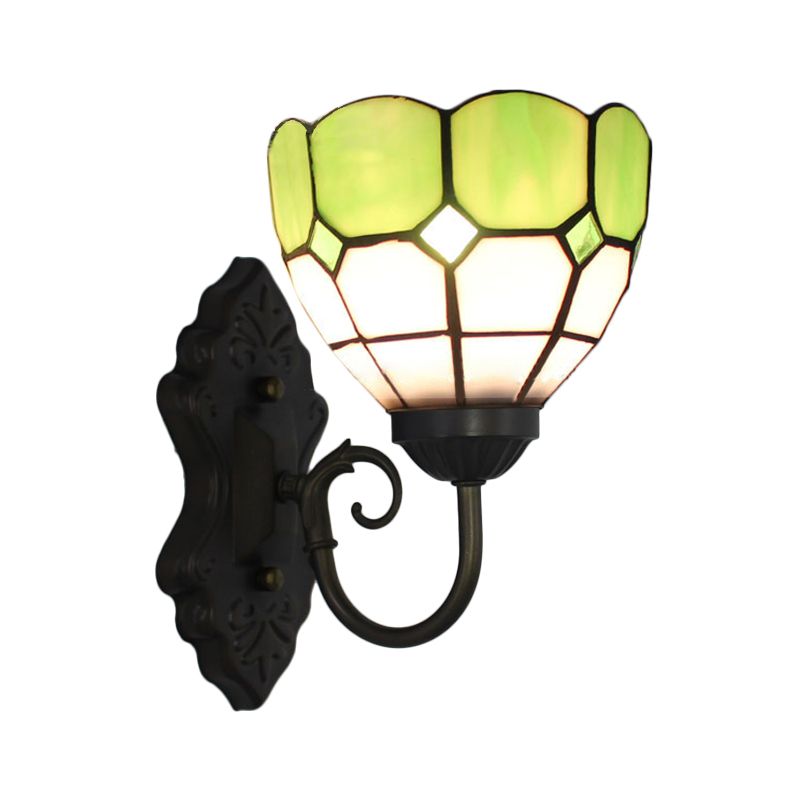 Grid Patterned Sconce Light Fixture Tiffany Green/Blue Glass 1 Head Black Wall Mounted Lamp