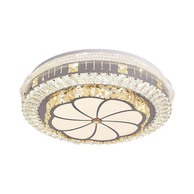 LED Round Flush Mount Contemporary Stainless-Steel Clear Cut Crystal Blocks Ceiling Lamp with Flower Pattern