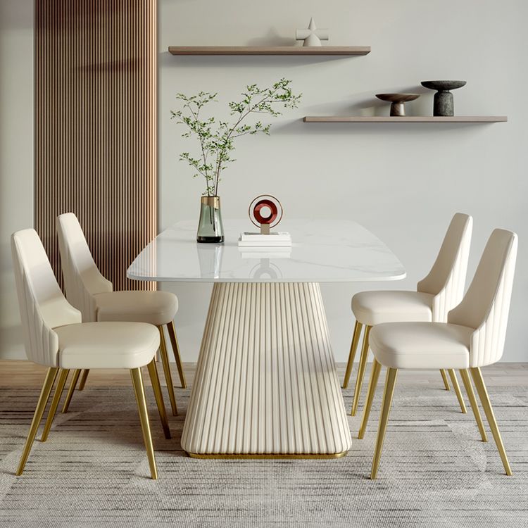 Modern Style Sintered Stone Dining Set with White Rectangle Shape Table and Pedestal Base