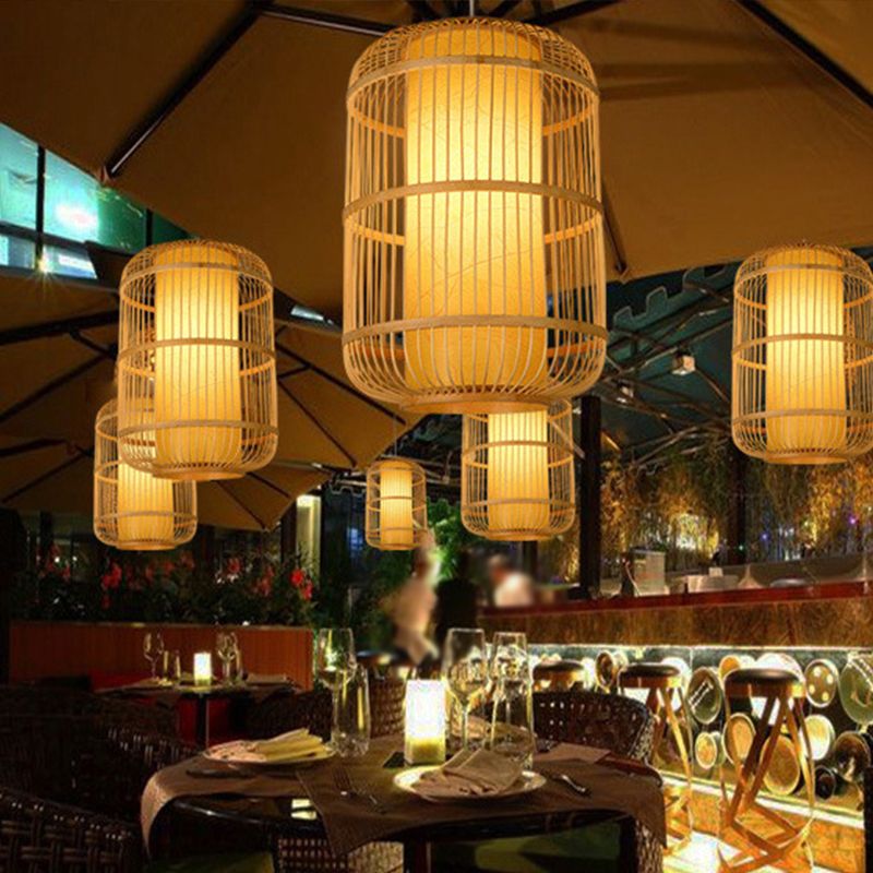 Asia 1-Light Down Lighting Bamboo Cylinder Hanging Pendant Light for Tea Room