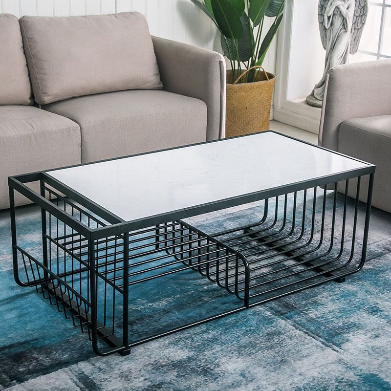 Glam Rectangle Coffee Table with 3 Shelves and Marble Top Cocktail Table