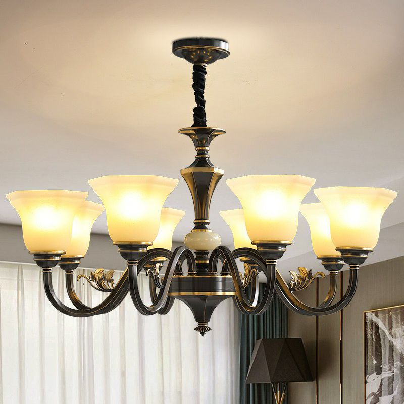 Black Ceiling Lighting Traditional Iron Curved Arm Chandelier Light Fixture with Flared Frosted Glass Shade