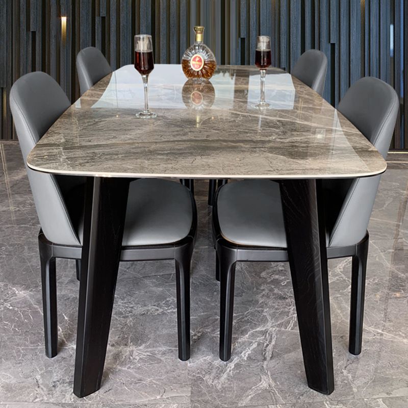 Contemporary Stone Dining Table Rectangle Dining Table with 4 Wood Legs in Black