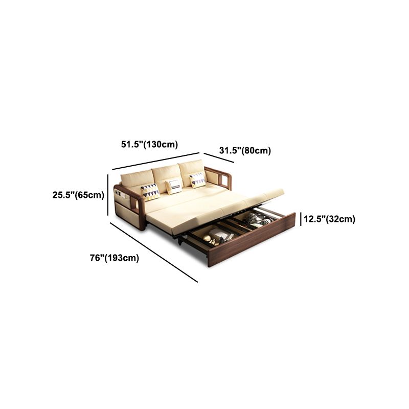 Modernism Brown Fabric Sofa Bed Solid Wood Sofa with Storage