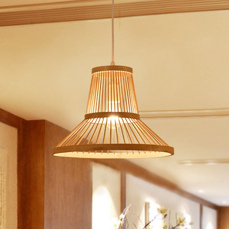 1 Light Living Room Pendant Lamp Modern Wood Down Lighting with Cone Bamboo Shade
