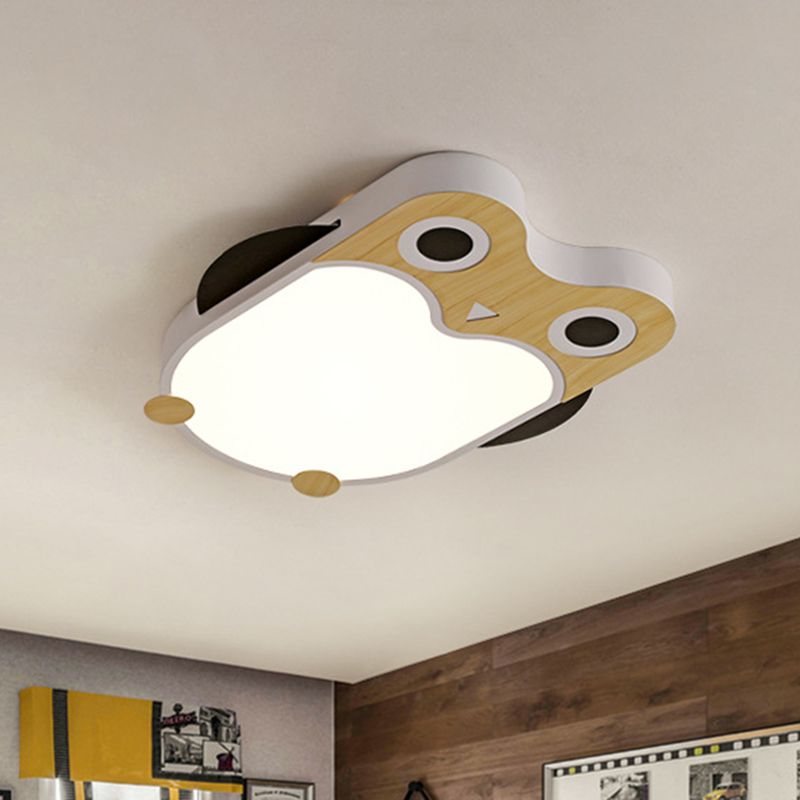 Owl Thin Iron Ceiling Light Cartoon White/Pink/Blue and Wood LED Flush Mount Lamp for Child Room