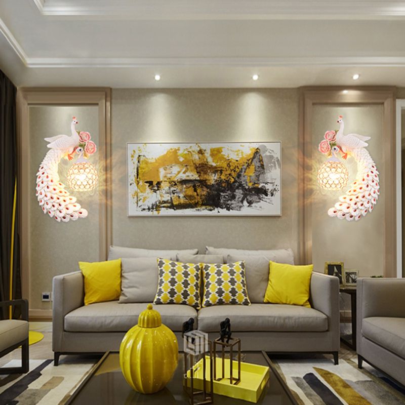 Doble/derecho/izquierdo Peacock pared Squads Stiloft Metal 8 "/10" W 1 Iluminación de pared de bulbo con sombra de cristal de domo en blanco/oro