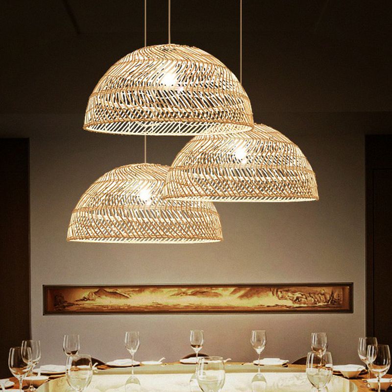 Half-Sphere Pendant Lighting Modern Bamboo Fiber 1-Light Dining Room Suspension Light