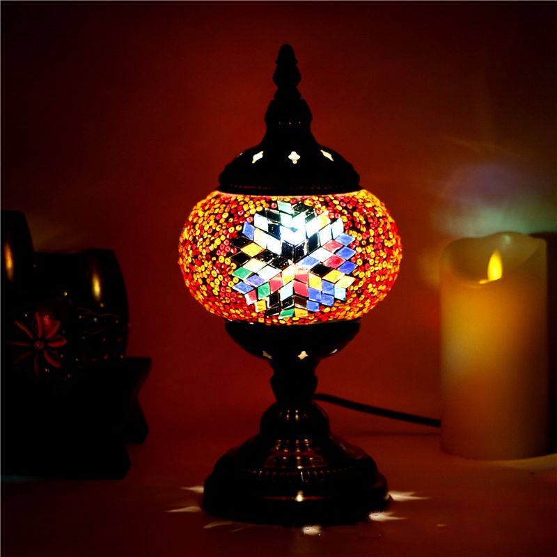 Bronze 1 Bulb Nightstand Lamp Moroccan Mosaic Glass Lantern Table Light for Living Room
